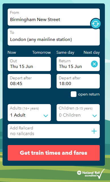 SmartSplit homepage showing information entered for a birmingham to london journey